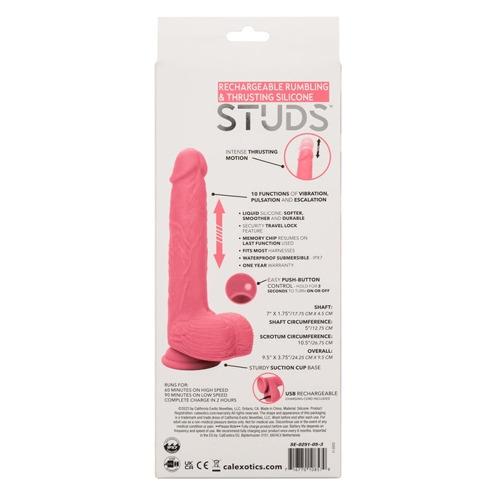 CalExotics SE-0251-05-3 Rechargeable Rumbling & Thrusting Silicone Studs Dildo Package Back