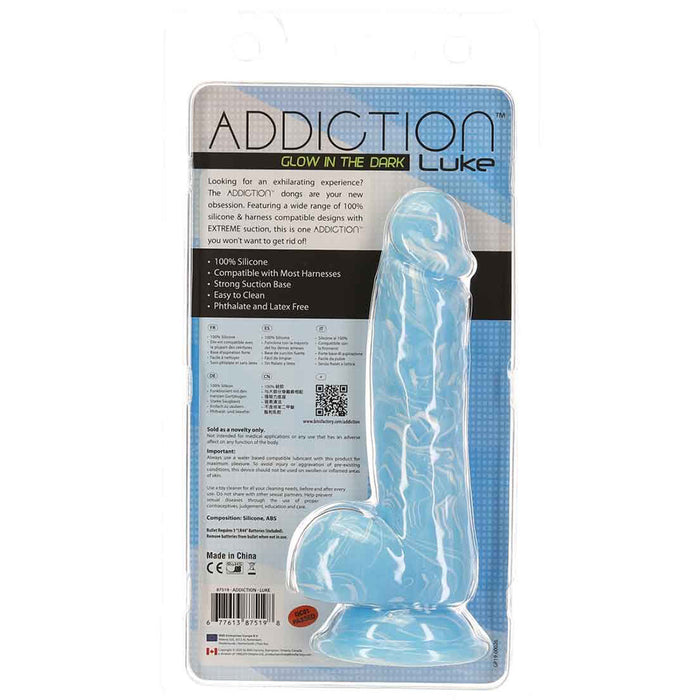 Addiction Luke 7.5 Inch Blue Glow In The Dark Dildo - Package Back
