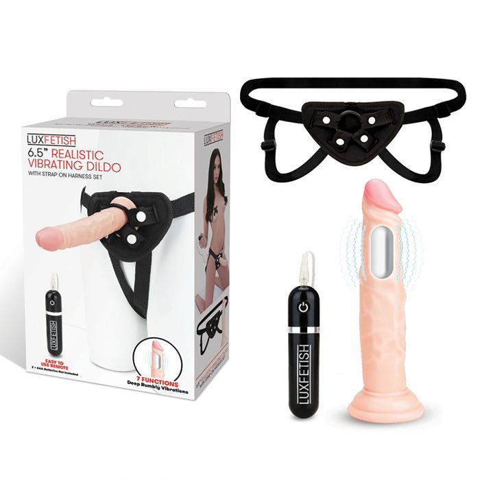Lux Fetish 6.5 Inch Vibrating Dildo & Strap-On Harness Set - Package