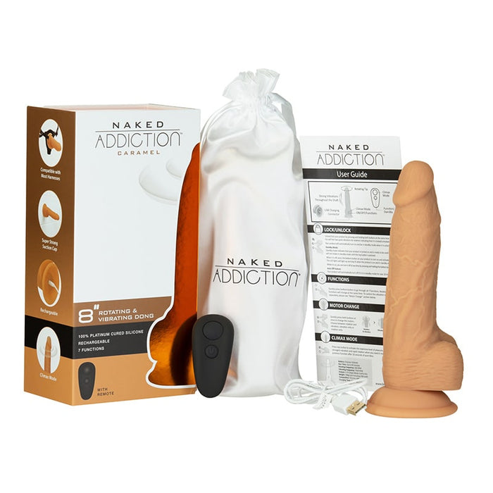 BMS Factory 88122 Naked Addiction 8 Inch Rotating & Vibrating Dildo with Remote Caramel - Package