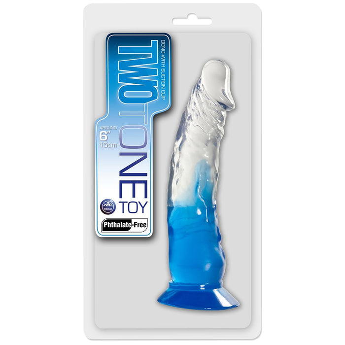 Two Tone 6 Inch Realistic Dildo with Suction Cup - Blue and Clear - Package